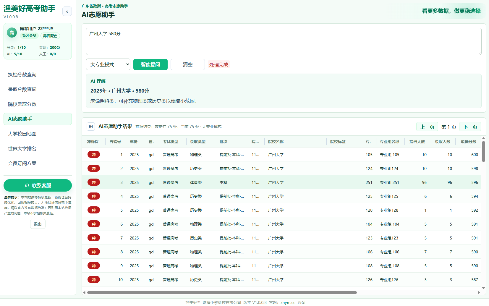 高考志愿助手录取数据对比界面